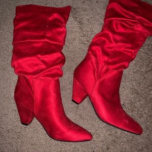 Red Suede Cone Heel Boots